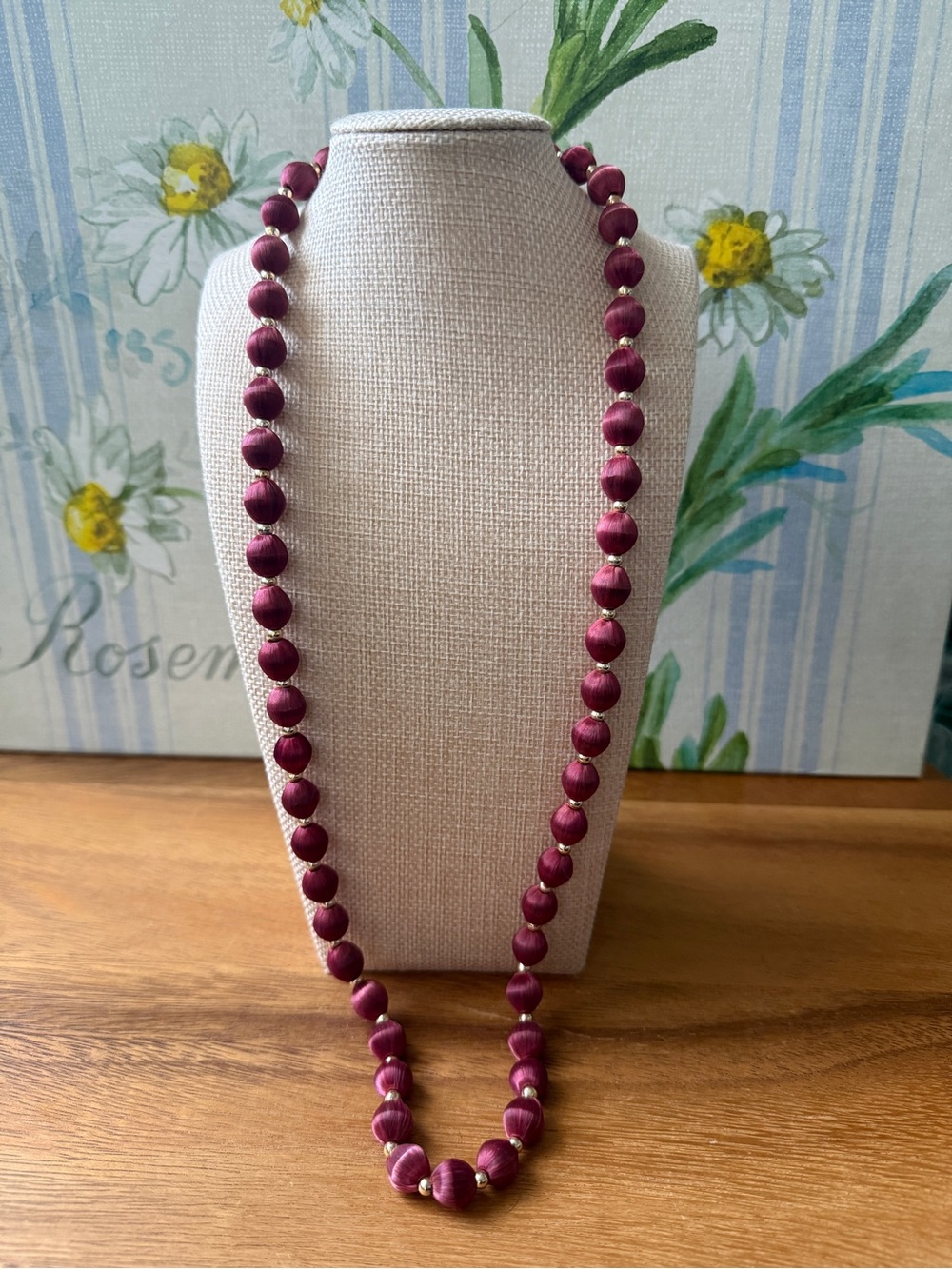 Vintage purple necklace satin fabric strand ball round beads